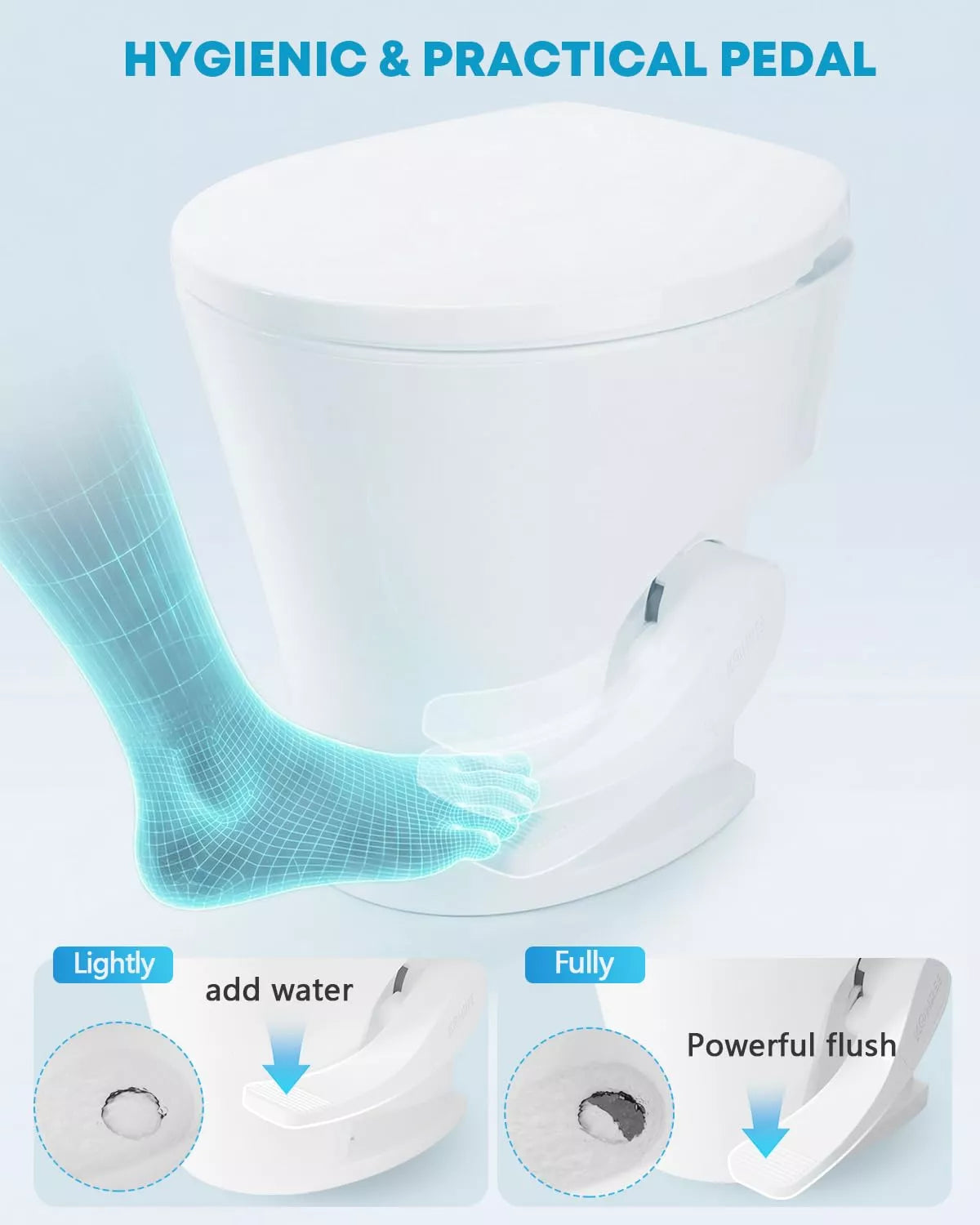 White toilet with foot pedal control