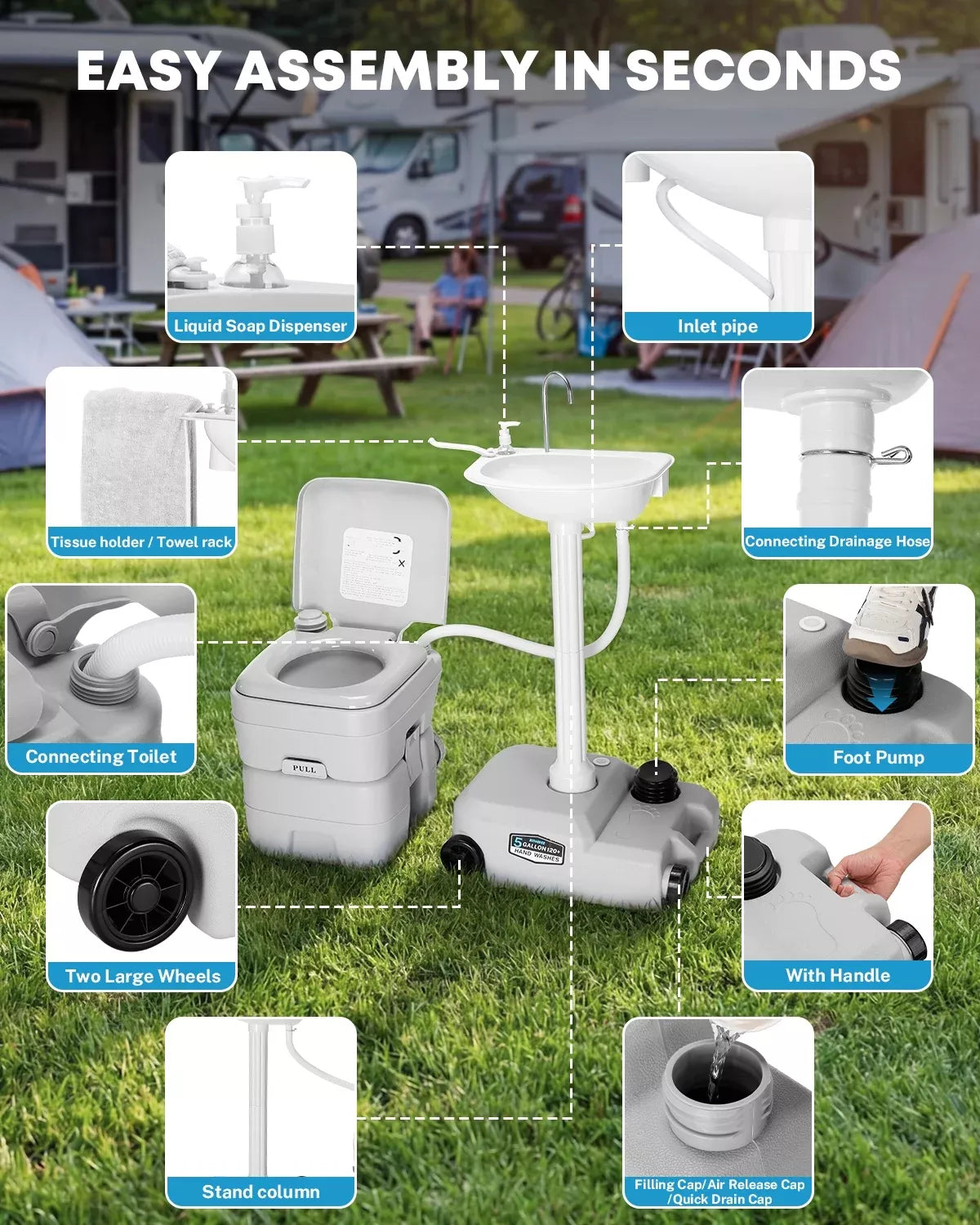 Portable toilet system with assembly steps