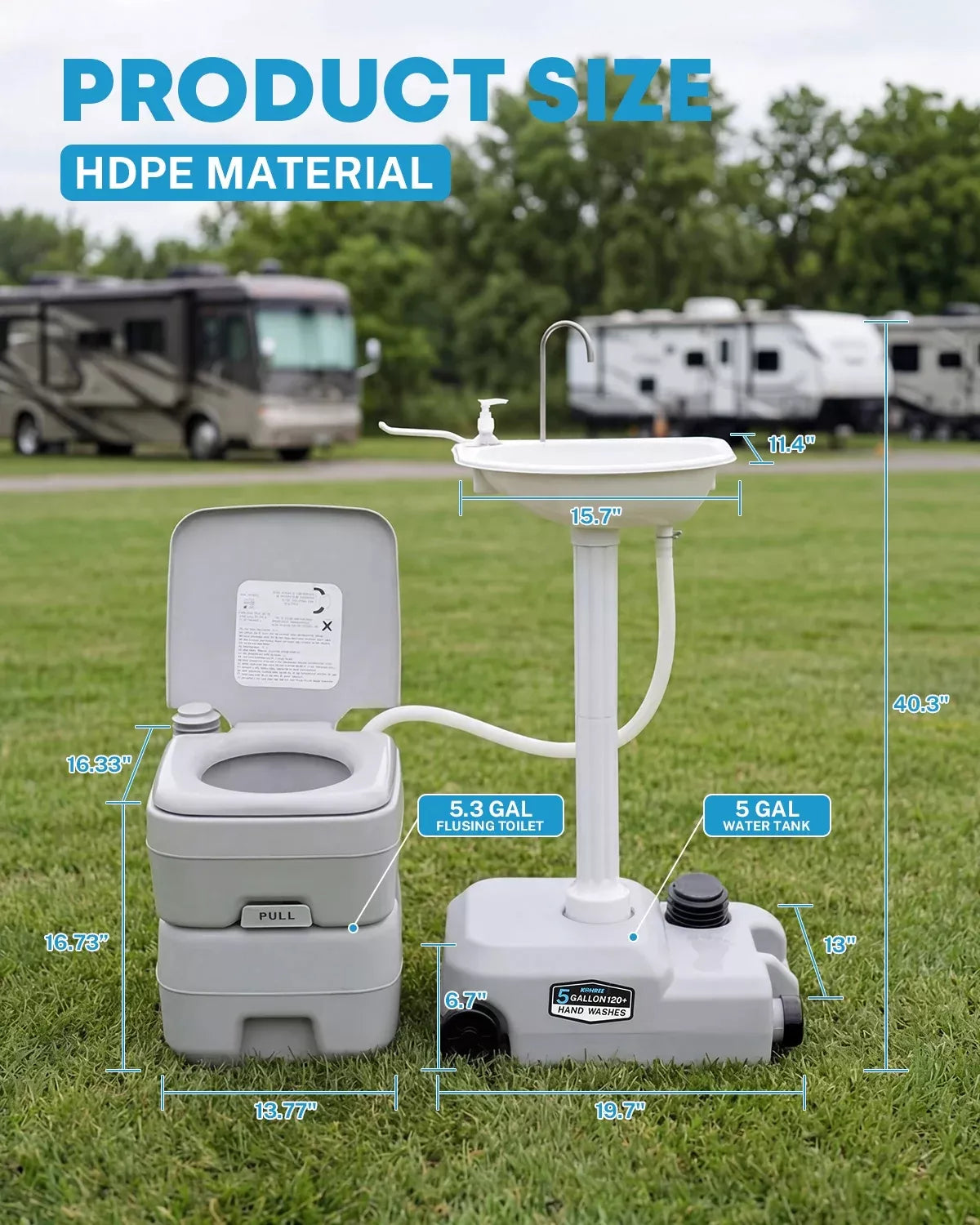 Portable toilet and sink unit with measurements on a grassy field with RVs