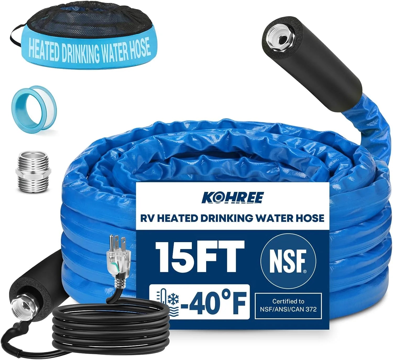 Kohree heated RV water hose helps protect water flow from freezing down to -40°F (-40°C). 