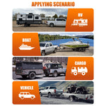 Illustrations of various scenarios using a truck with towing capabilities, including RV, boat, cargo, and vehicle towing. 