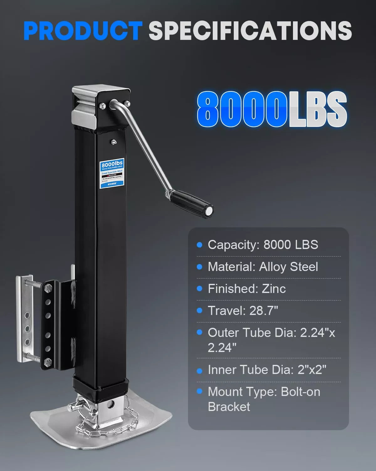 Kohree heavy duty trailer jack 8000 lbs specifications