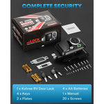 RV door lock handle set with retail box, black lock handle, mounting hardware, two keys, batteries, and screws 