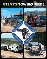 A towing hitch product shown in a collage with four lifestyle photos of trucks, trailers, a tractor, and an RV