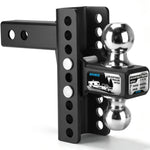 A black adjustable trailer hitch with polished silver ball bearings on both ends, featuring a black label