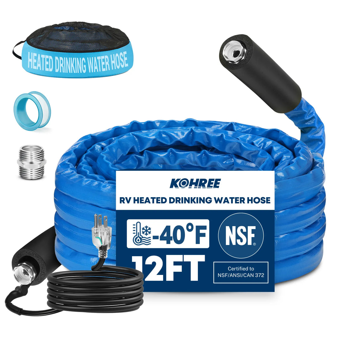 Kohree collapsible heated RV drinking water hose for compact storage and cold-weather hookups. #12-ft