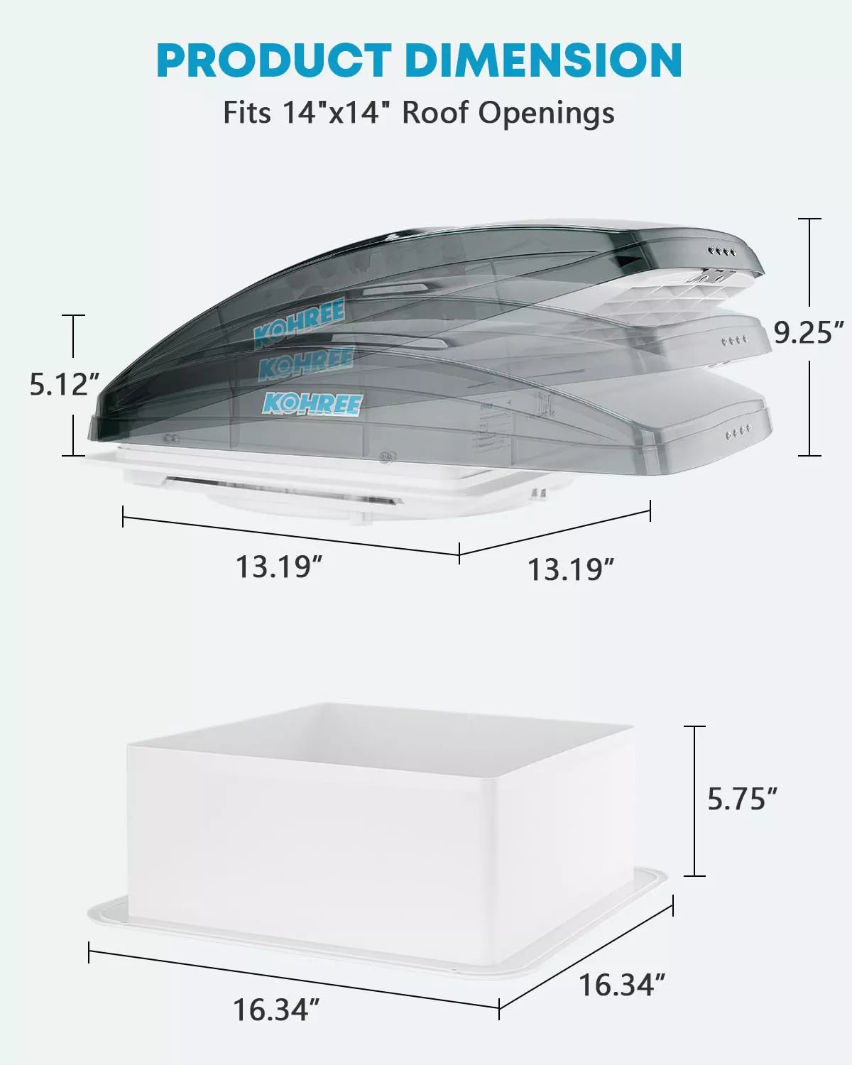 Measurement chart for a roof vent with dimensions labeled 