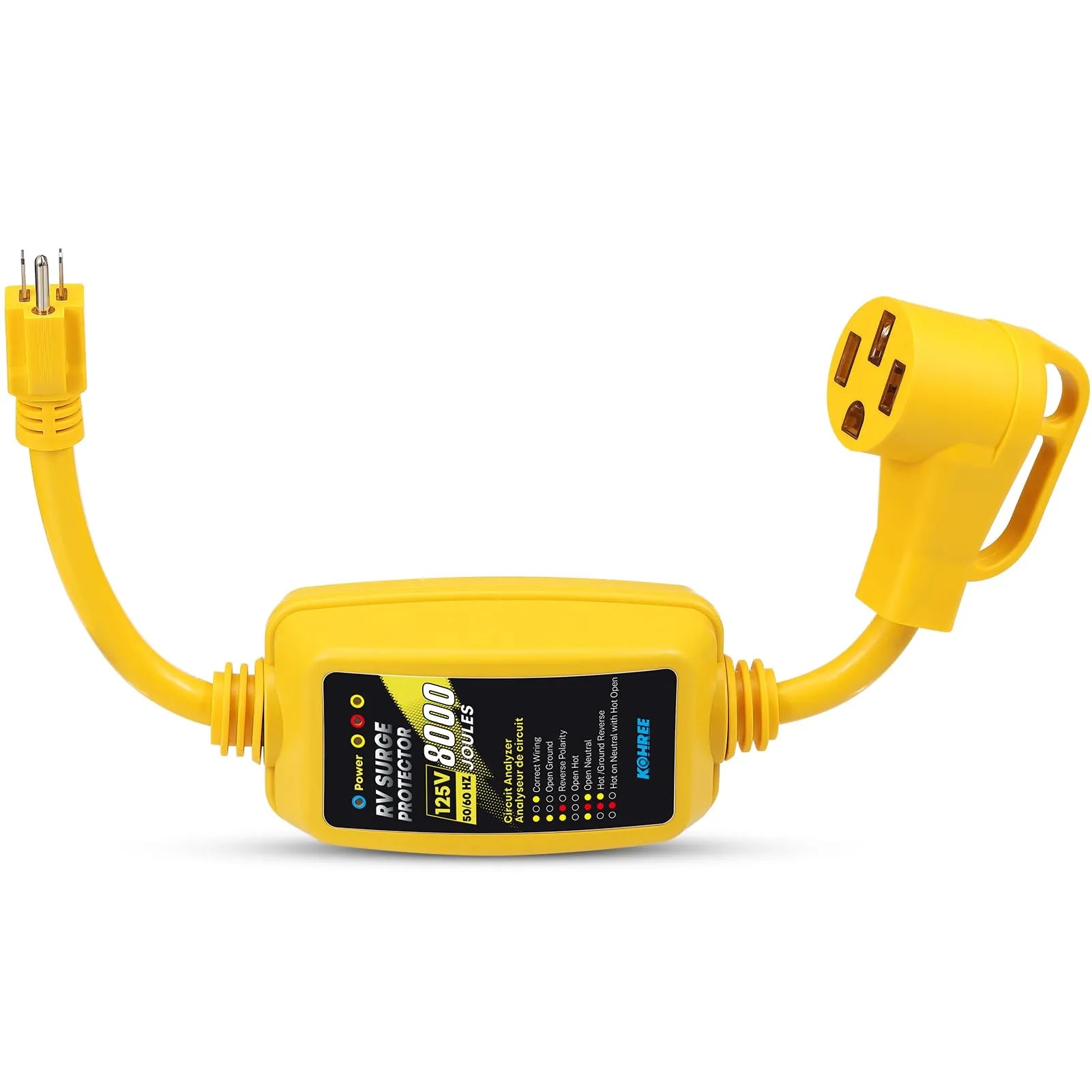 Kohree NEMA 5-15P to NEMA 14-50R RV adapter front view showing both male and female connectors with surge protector module