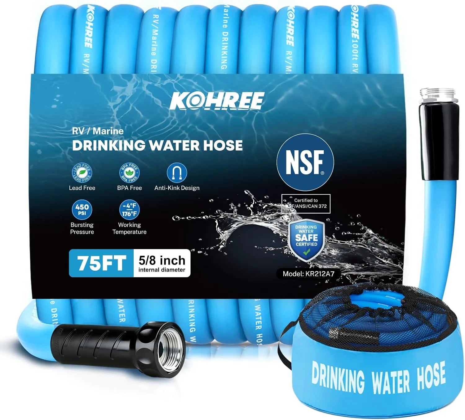 Kohree blue nsf certified rv Water hose 75 ft 