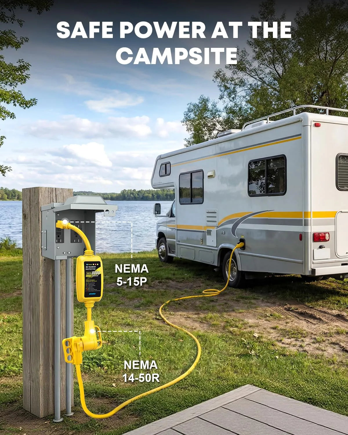 Kohree RV surge protector adapter connected to campsite power pedestal with NEMA 5-15P input and NEMA 14-50R output to RV