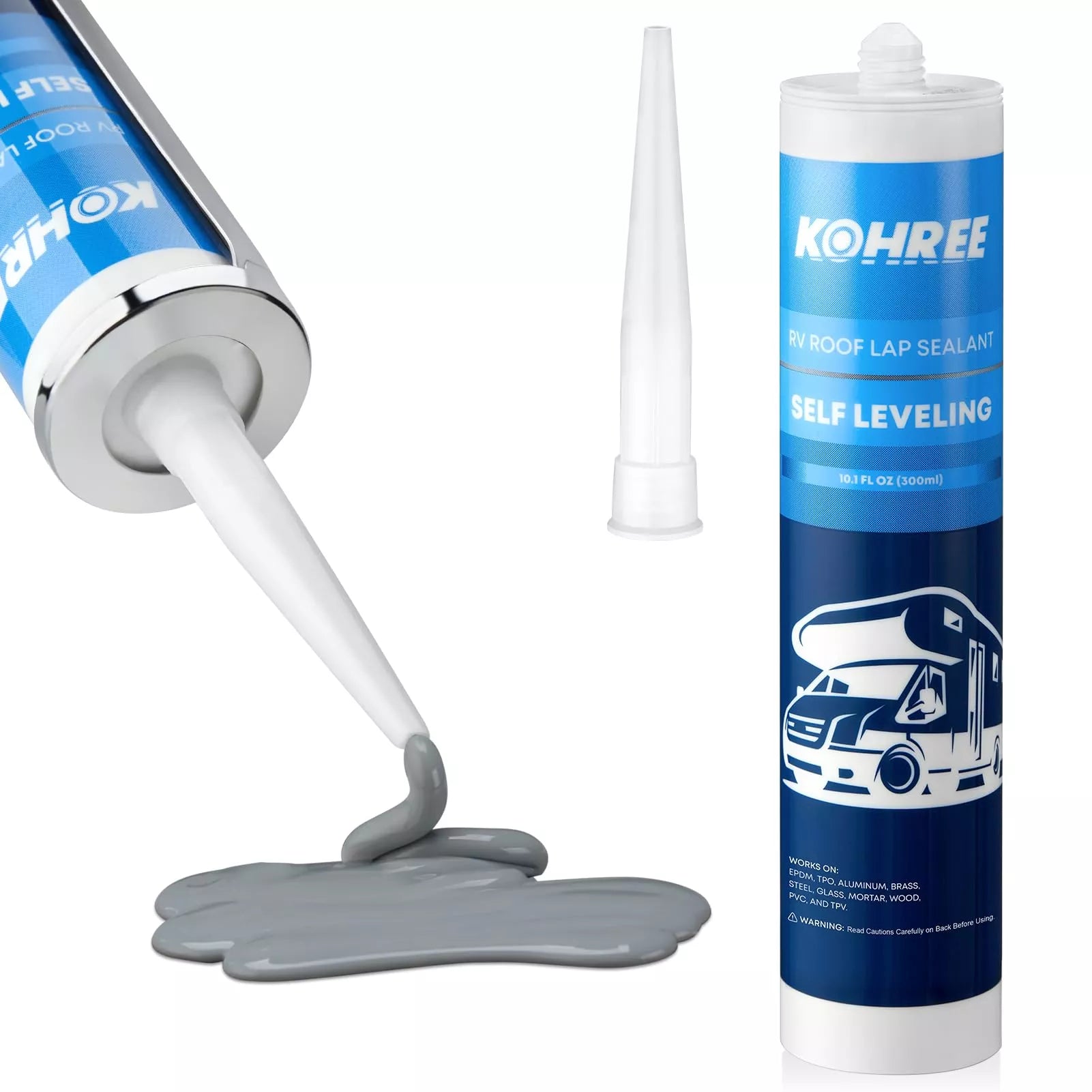 Kohree self-leveling roof lap sealant being applied with a caulking gun. 