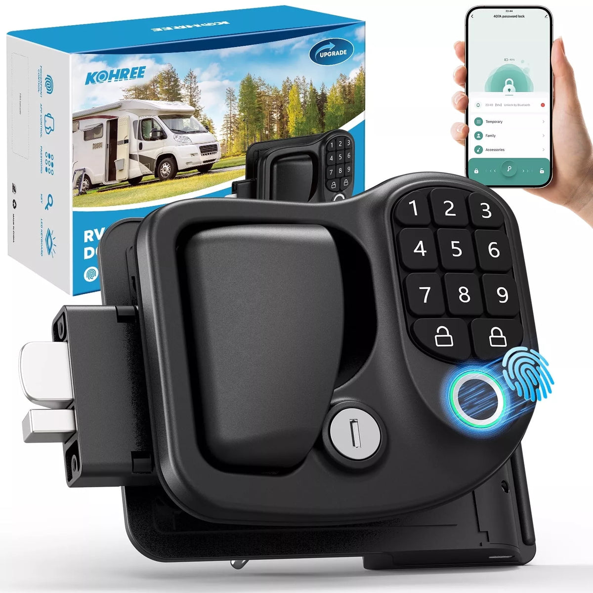 Black RV lock with digital keypad, smartphone app, and Kohree packaging.