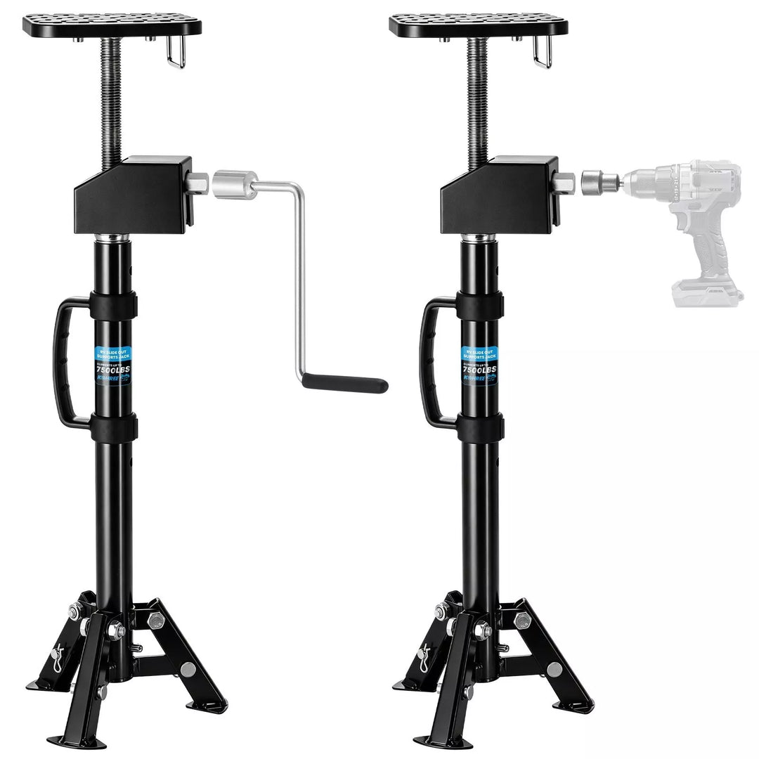 Two black rv slide out support tripod jacks