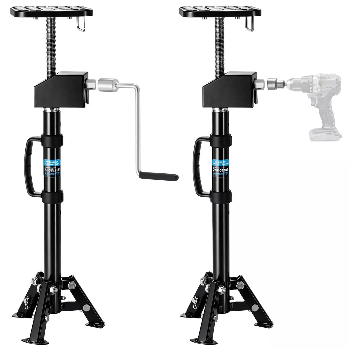Two black rv slide out support tripod jacks