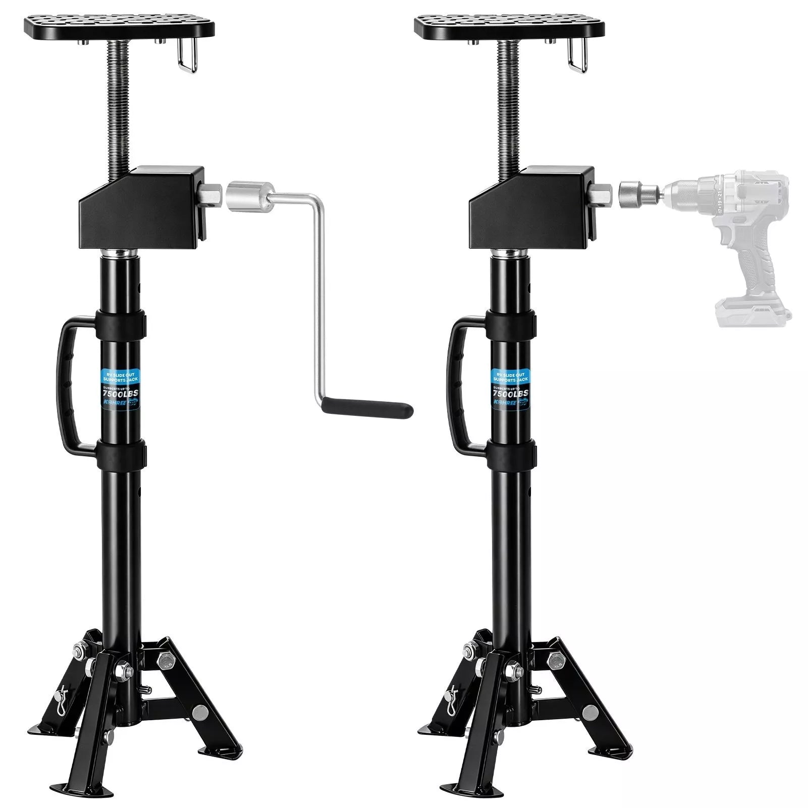 Two black rv slide out support tripod jacks