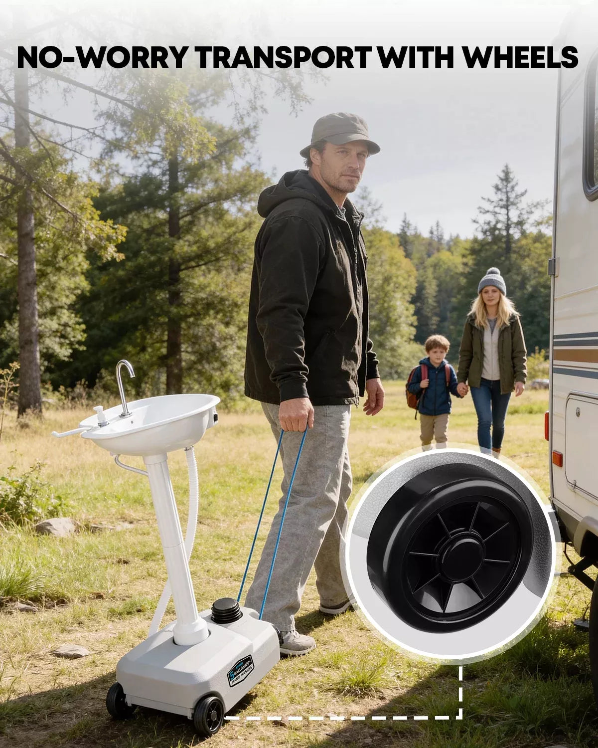 Person pulling a portable washing station with wheels through a forested area.