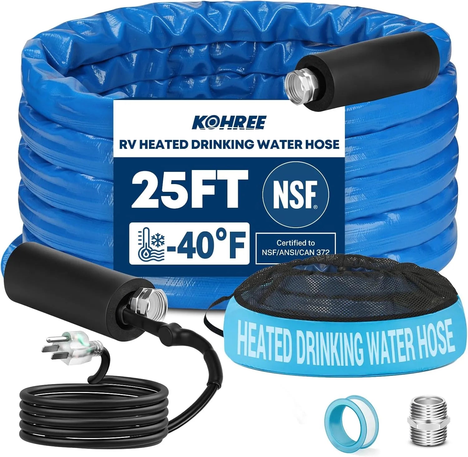Kohree heated RV drinking water hose certified to NSF/ANSI/CAN 372 lead-content requirements. 