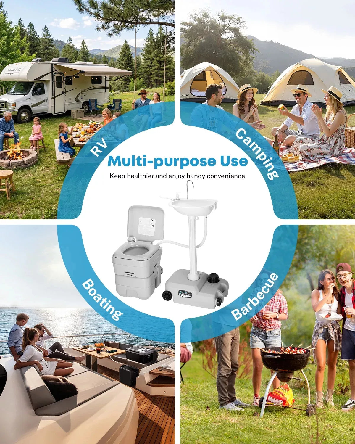 Collage of outdoor activities with RV, camping, boating, and barbecue scenes, featuring a portable toilet and sink.
