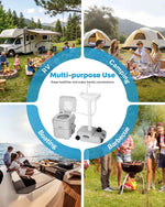Collage of outdoor activities with RV, camping, boating, and barbecue scenes, featuring a portable toilet and sink.