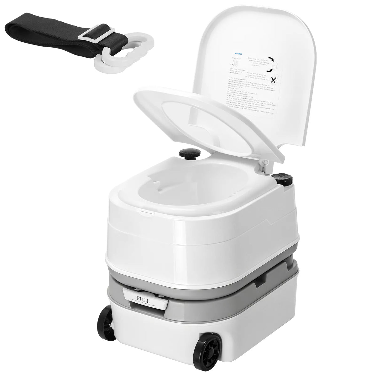 Portable toilet with open lid
