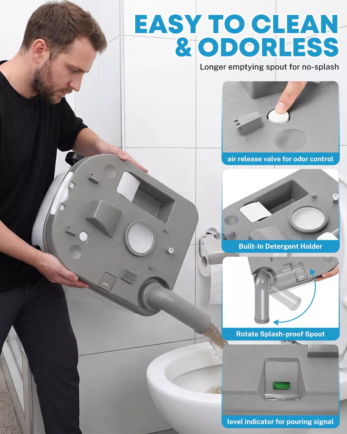 Easy to clean and odorless portable toilet for camping with wheel