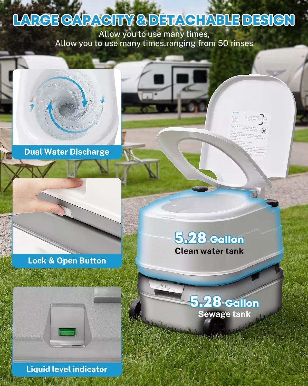 Large capacity and detachable design portable toilet for rv with wheel