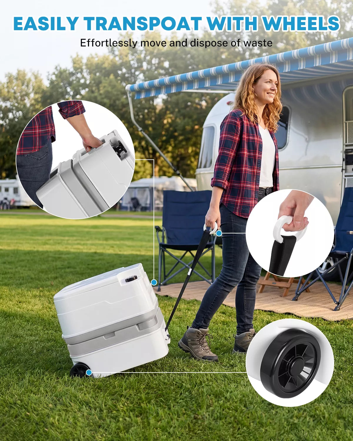 Person using a portable toilet for camping with wheels in an outdoor setting.