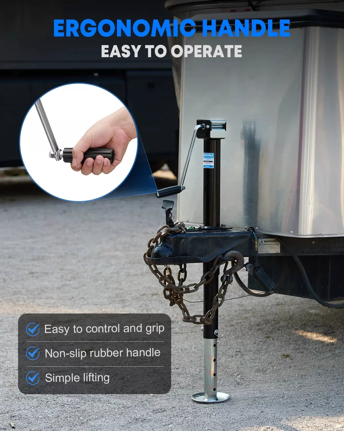 Corrosion-resistant black powder coated Trailer Tongue Jack for yacht and boat trailer marine use.