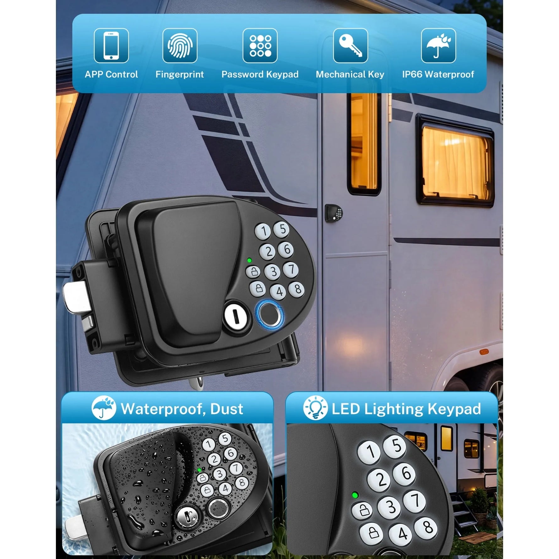 App control, fingerprint, password keypad, mechanical key, IP66 waterproof rv door lock 