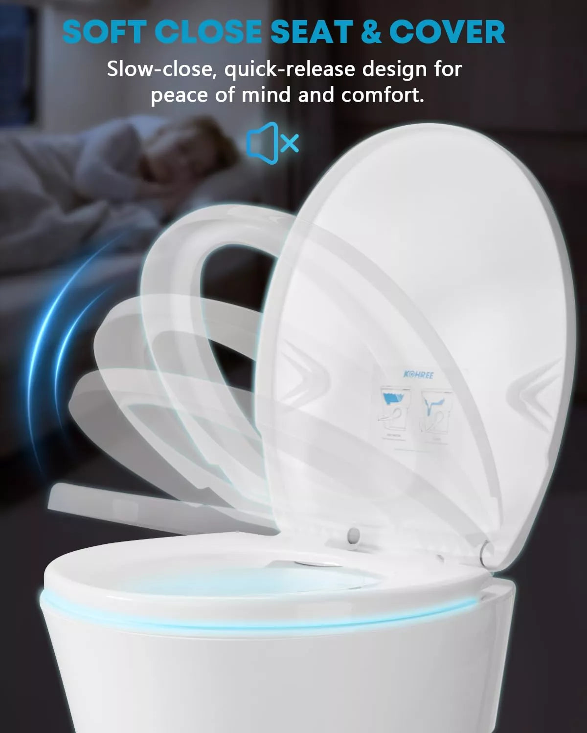 White toilet seat with soft close feature and text about peace of mind and comfort.
