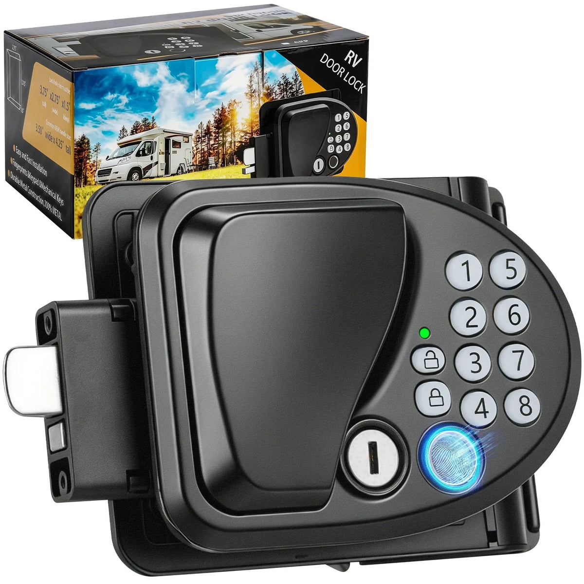 Black electronic RV door lock with keypad and fingerprint sensor 