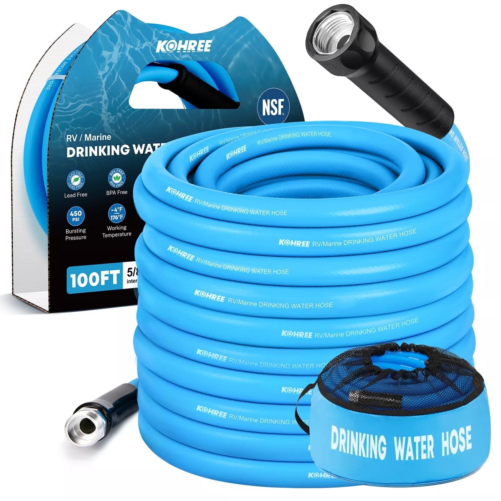 Blue 100 ft drinking water hose with black connectors and packaging