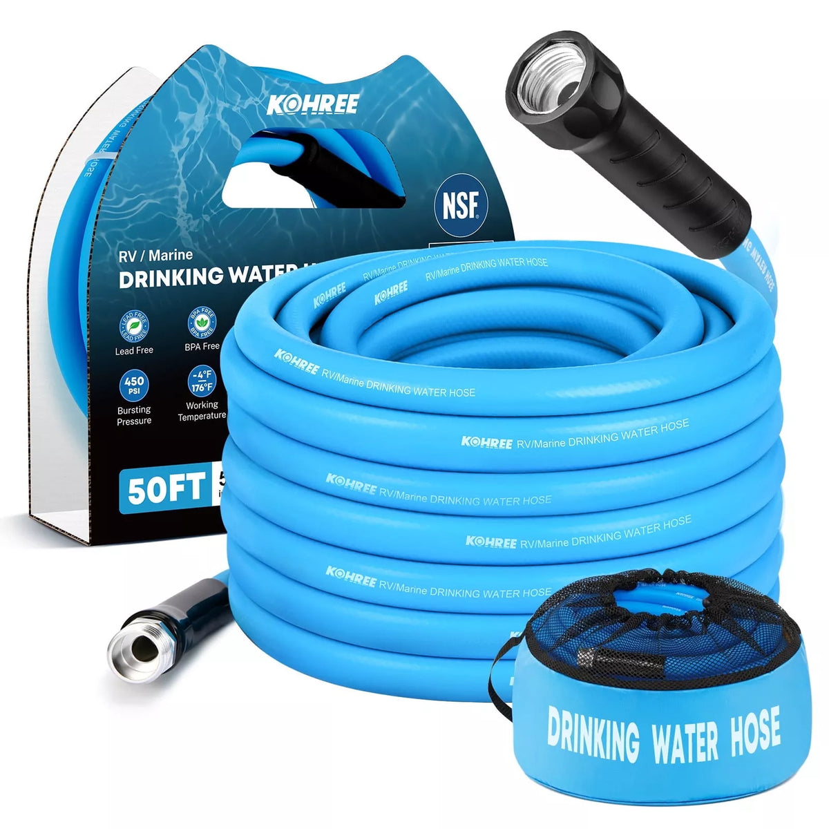 Blue 50 ft drinking water hose with black nozzle, packaging, and carrying case