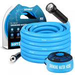 Blue 50 ft drinking water hose with black nozzle, packaging, and carrying case