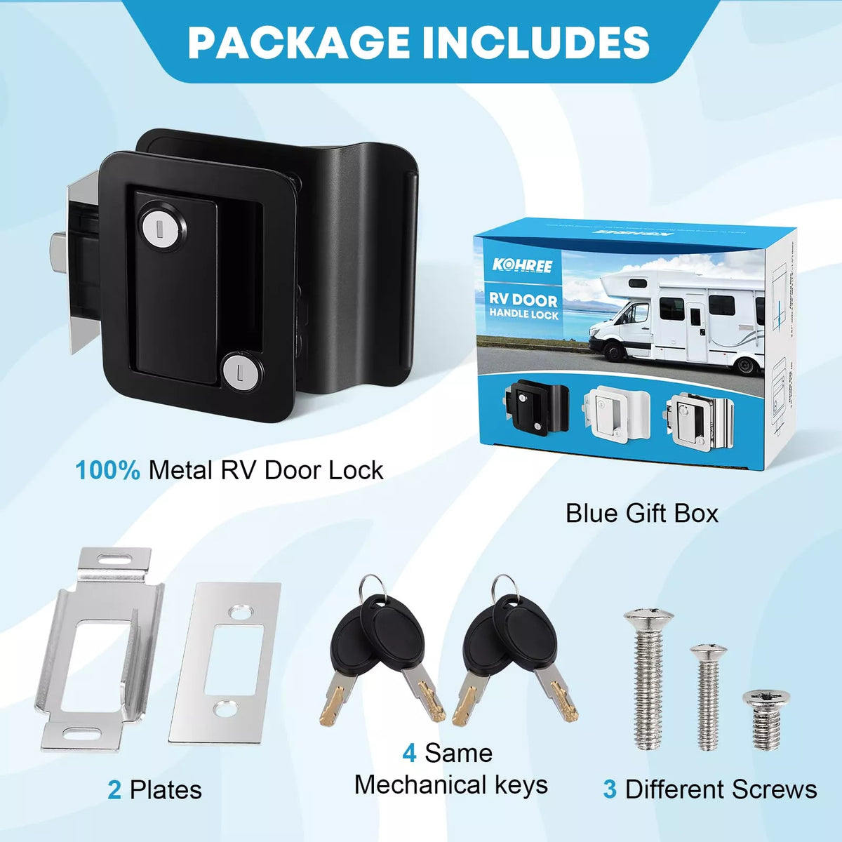 Kohree RV door handle lock set with packaging, keys, and screws