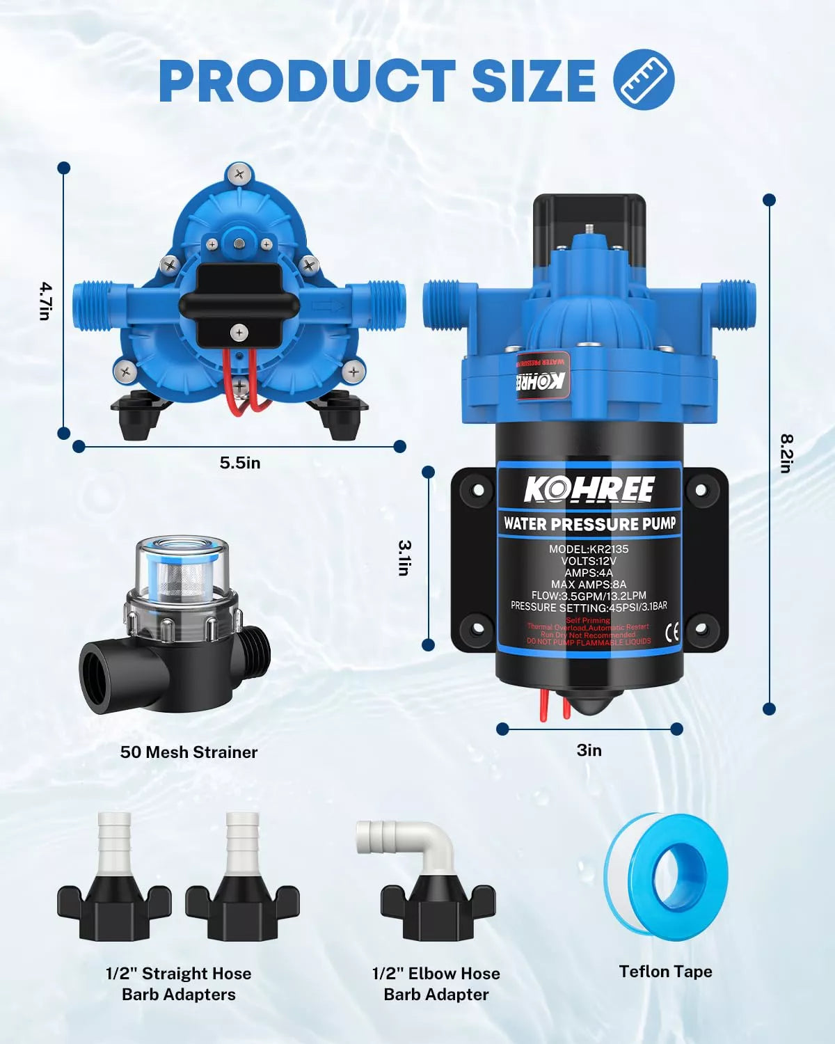 Kohree water pressure pump with dimensions and accessories 3.5 gpm 45 psi