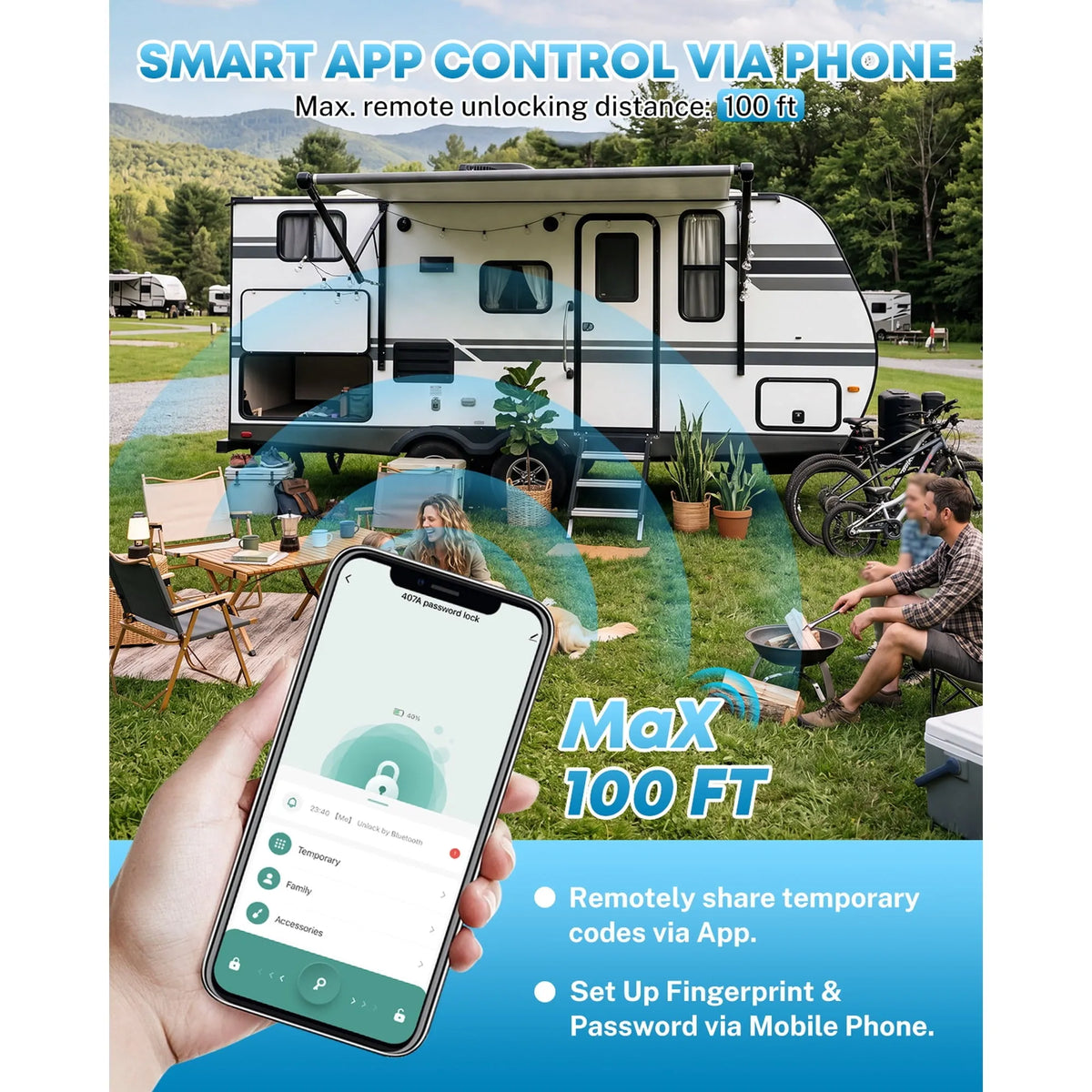 smartphone app that allows remote control of a white and black travel trailer 