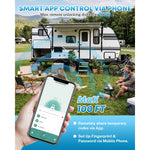 smartphone app that allows remote control of a white and black travel trailer 