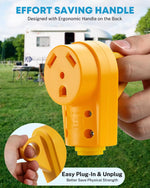 Yellow effort-saving 30 amp rv plug with ergonomic design held by a hand