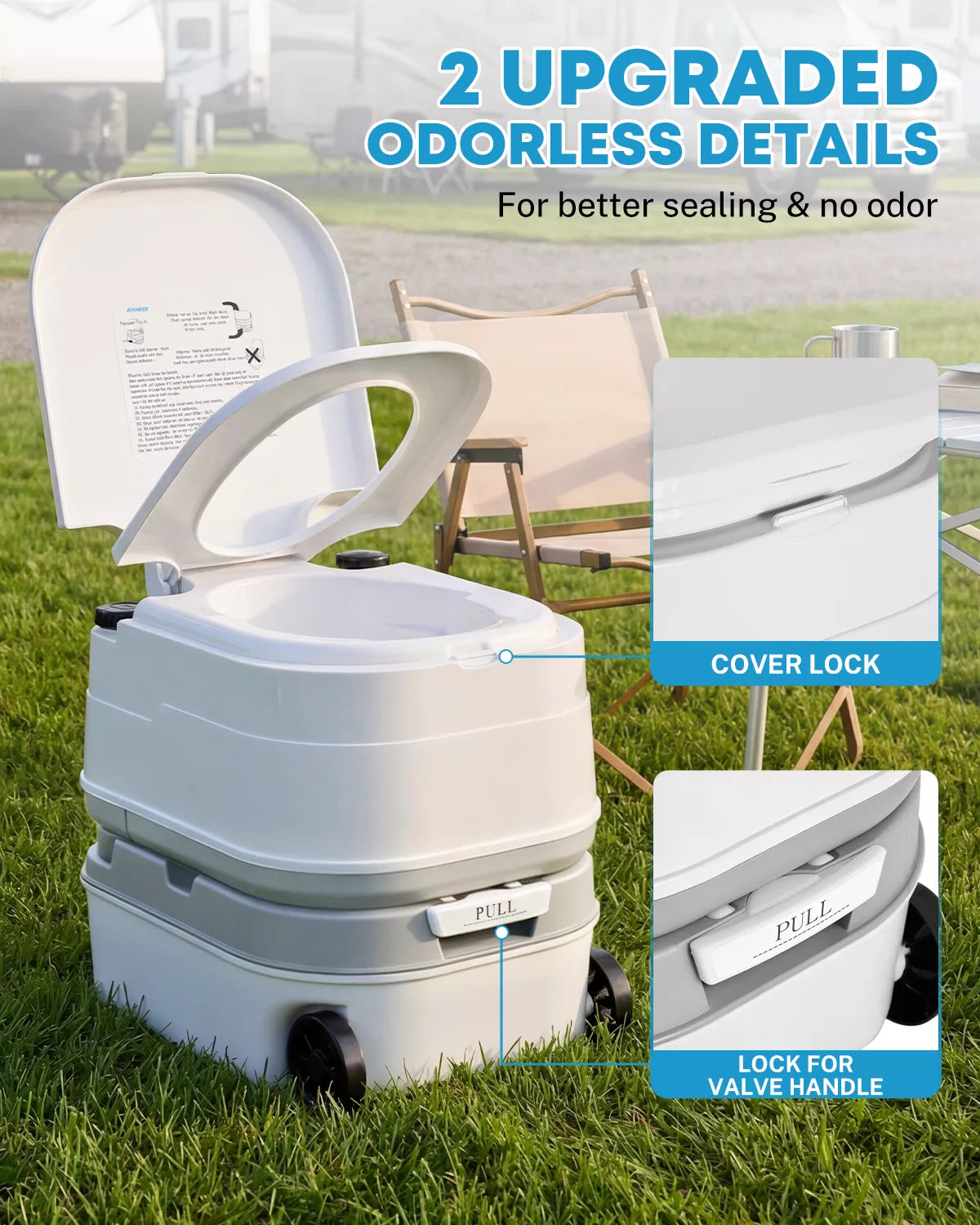 Portable toilet with upgraded odorless features on grass
