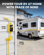 RV power adapter connection with NEMA 5-15P and NEMA TT-30R connectors, RV parked outside a house.