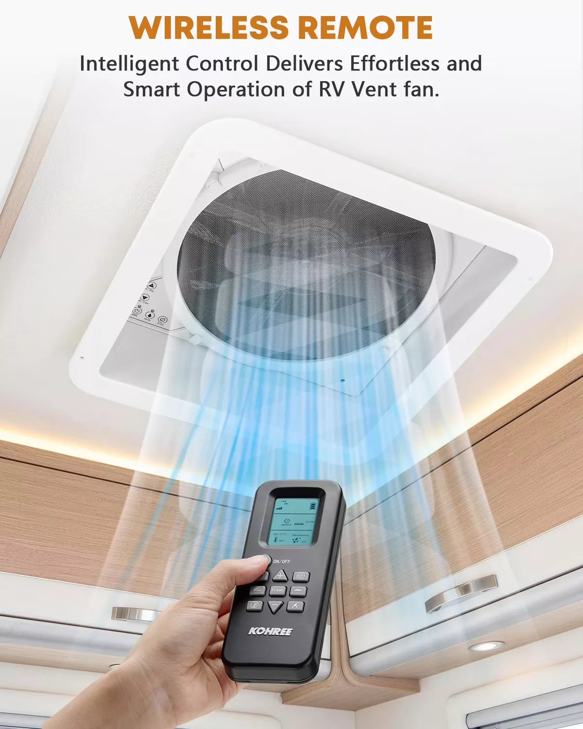 RV vent fan with wireless remote control and text about intelligent control. 