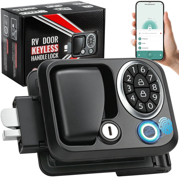 Black electronic keyless handle lock for RV doors with app control #Circular-Keypad-Fingerprint