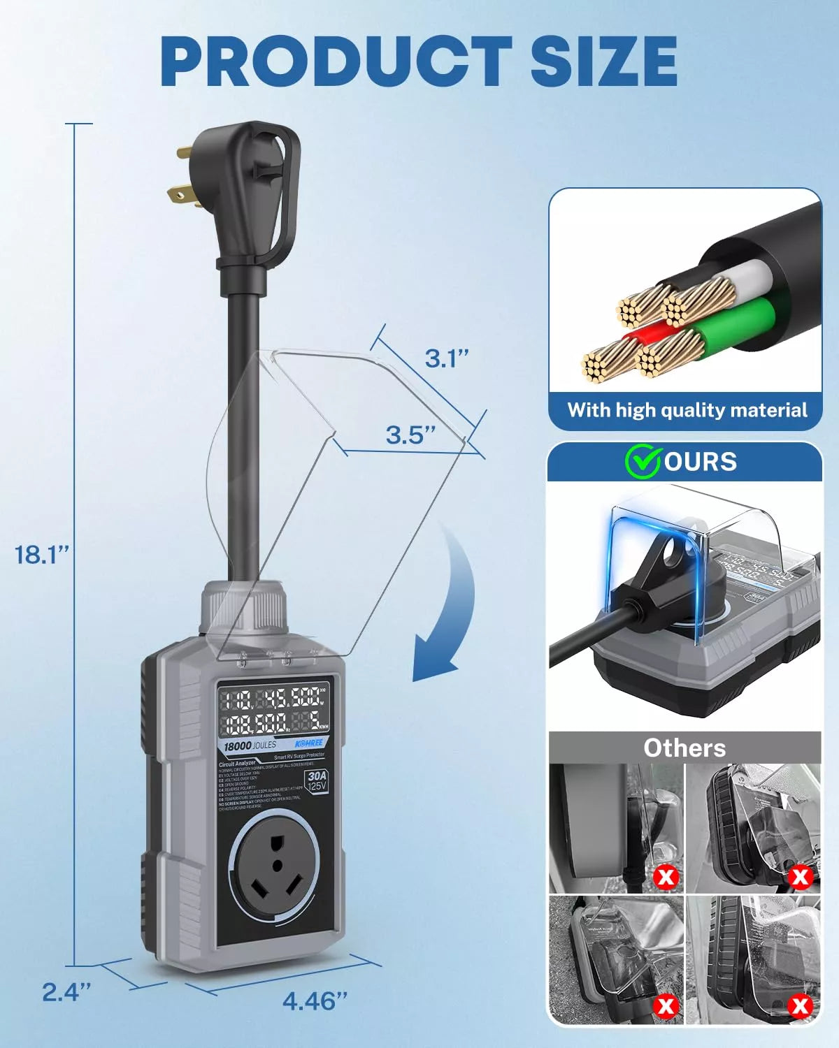 Measurement tool with cable and dimensions of kohree rv surge protector 30 amp