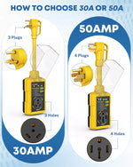 Comparison of 30A and 50A rv surge protectors with plugs and sockets.