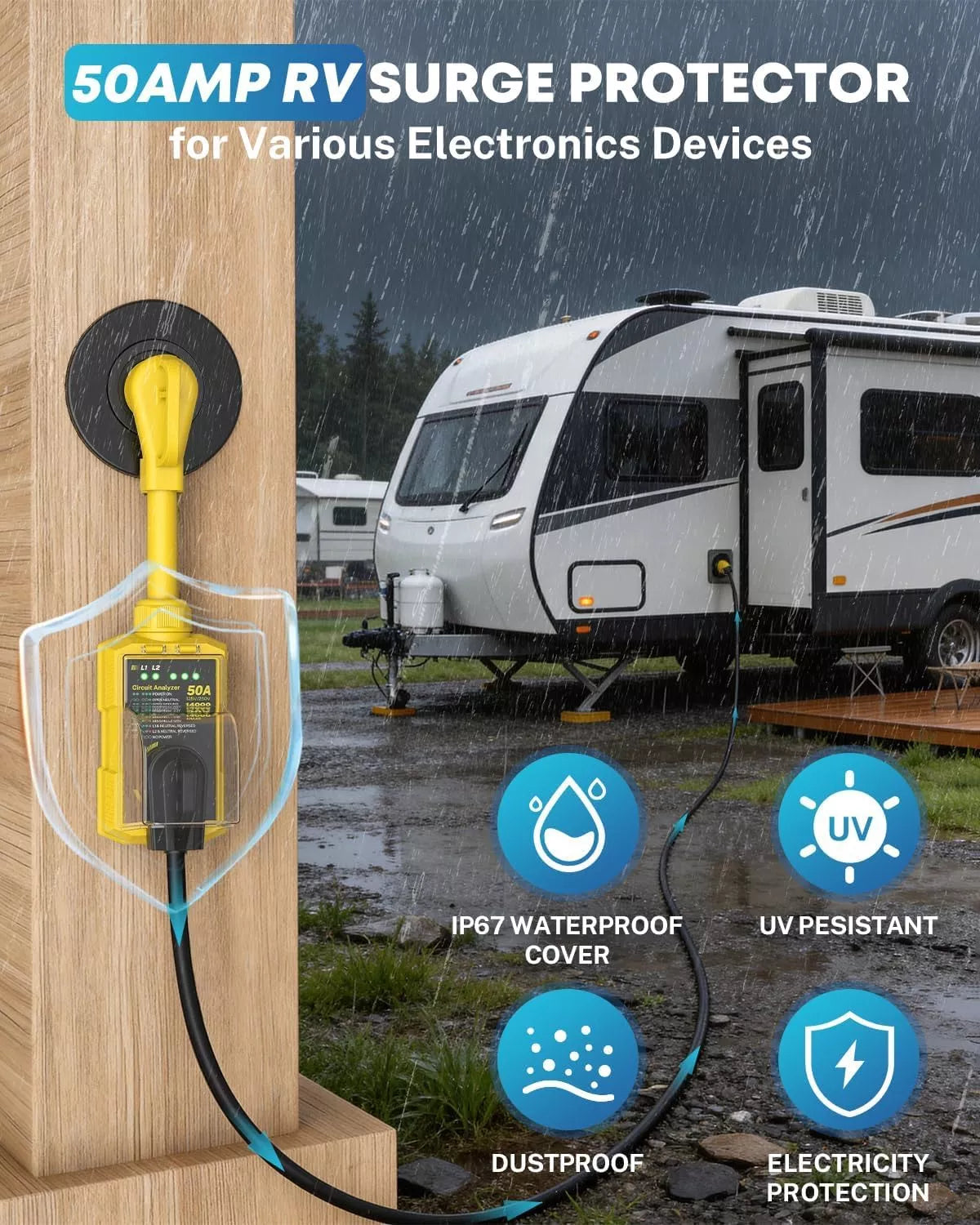 50 AMP RV Surge Protector with features highlighted, including waterproof cover, UV resistance, dustproofing, and electricity protection