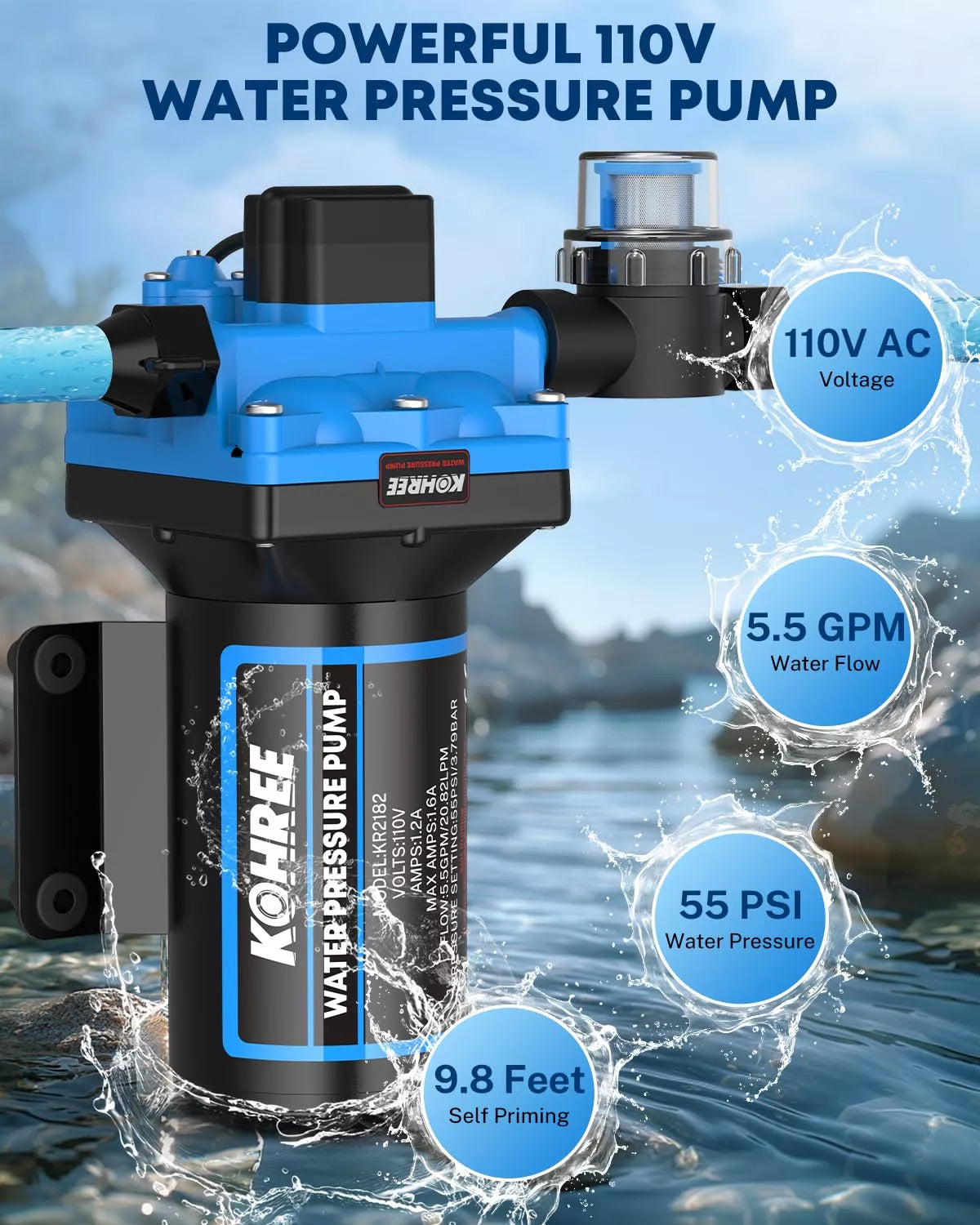 Kohree water pressure pump 5.5 gpm with specifications 