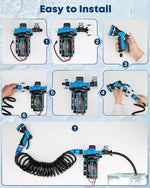 Step-by-step installation guide for a water pump system with blue and black components.