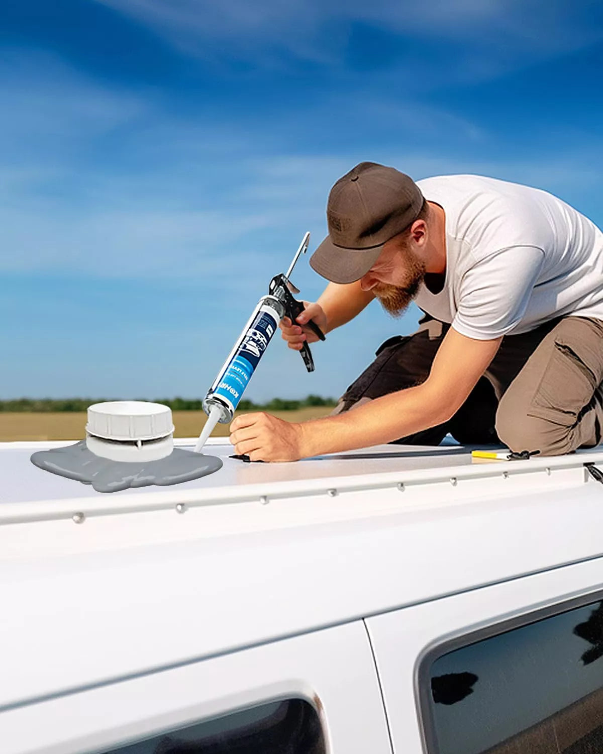 Man applying sealant to a vehicle's roof with a blue sky 
