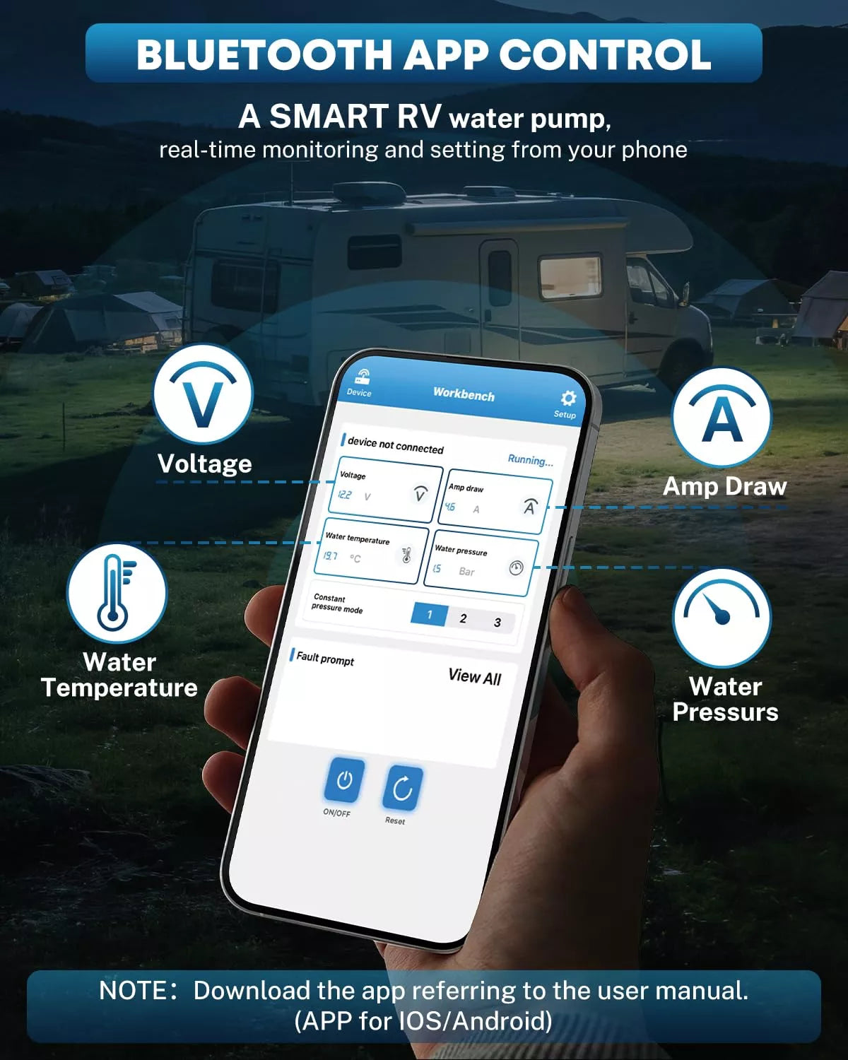 Smart RV water pump control app on a phone with features like voltage, amp draw, water temperature, and pressure displayed.